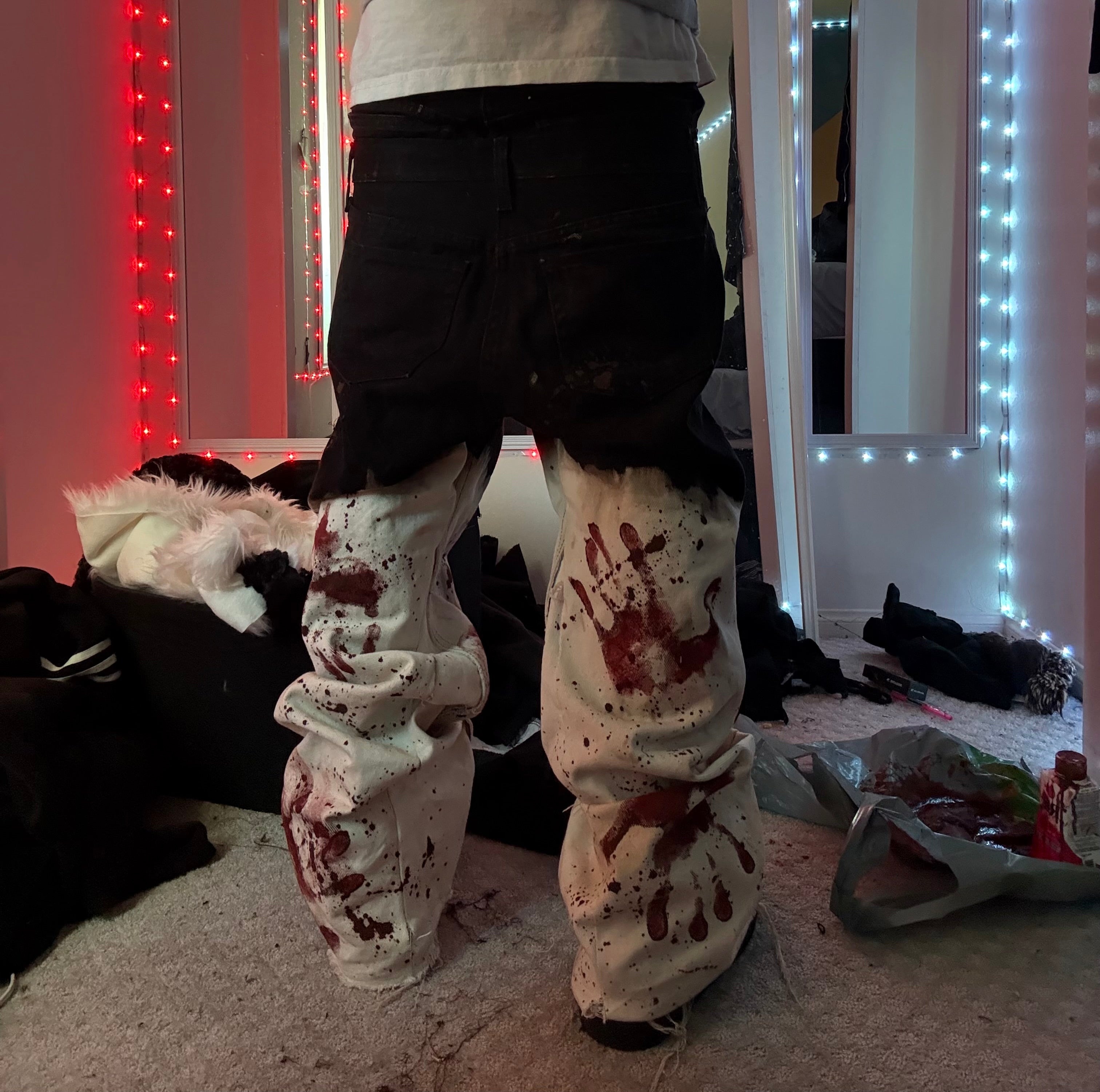 double waist bleach red mark flares