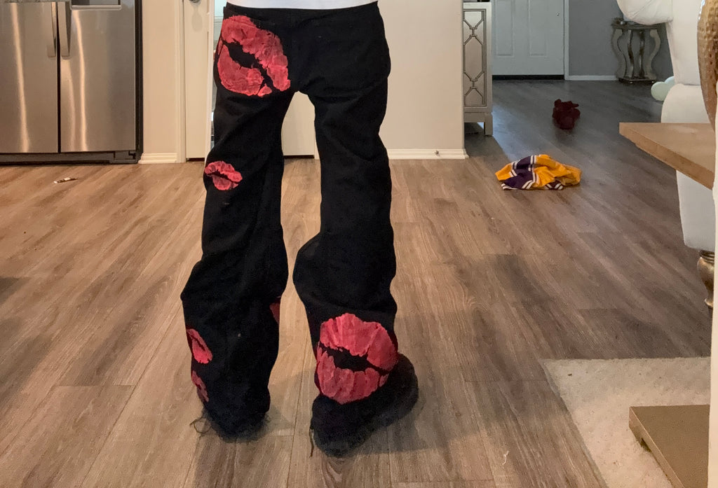 custom made flared kiss mark jeans